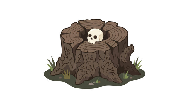 Creepy human skull inside rotten wooden tree stump illustration for horror art isolated on white background