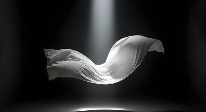 Elegant white flowing silk fabric floating in dark space with dramatic spotlight illumination and motion