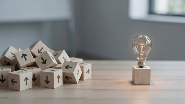 Light bulb on a wooden block standing out from a pile of wooden cubes with arrows, representing a unique idea or innovation concept