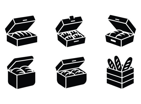 Collection of various bread baskets and boxes filled with baked goods depicted as icons