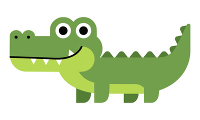 Fototapeta premium Friendly cartoon crocodile with a wide smile and simple geometric shapes isolated on white background. Playful animal character concept