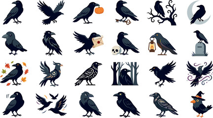 Naklejka premium Halloween raven bird vector icon set with spooky black crows featuring pumpkin skull tombstone and witch hat