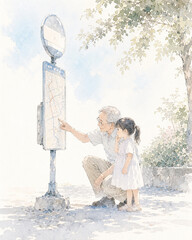 Grandfather Teaching a Child to Read a Bus Route Map