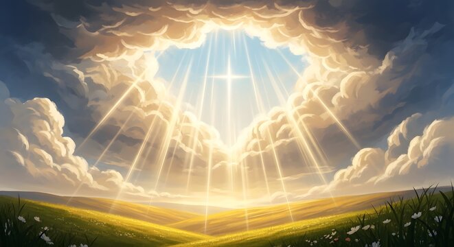 A glorious divine light pierces through a majestic opening in the heavens, illuminating a serene golden field with rays of hope and spiritual grace