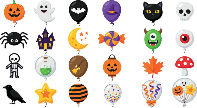 Halloween balloon vector icon set with spooky festive elements pumpkin ghost spider bat and monster party decorations