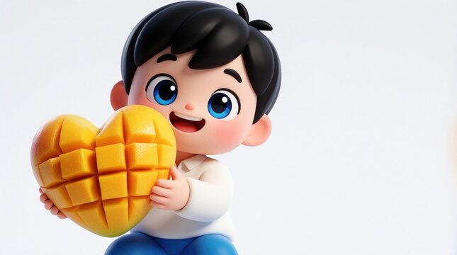 Smiling boy holds large heart shaped yellow mango fruit in hands. 3d character cartoon design features cheerful kid with blue eyes, dark hair. Cute digital avatar brings happy feelings of love,