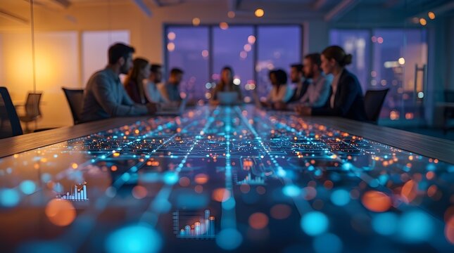 Business team in a modern corporate boardroom collaborating around a glowing interactive digital table during a night meeting