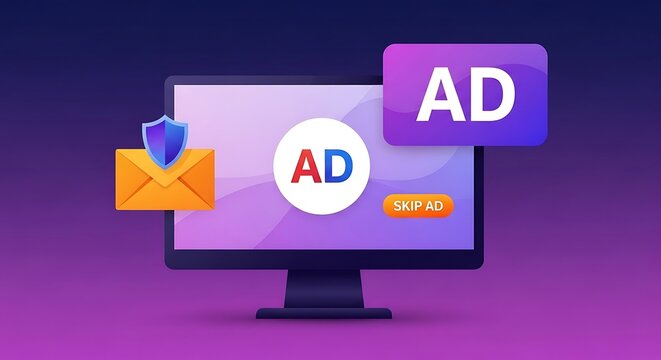 An illustration showing a computer screen displaying digital advertising and security