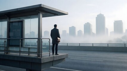Fototapeta premium Urban professional contemplating city skyline from rooftop pavilion during misty morning