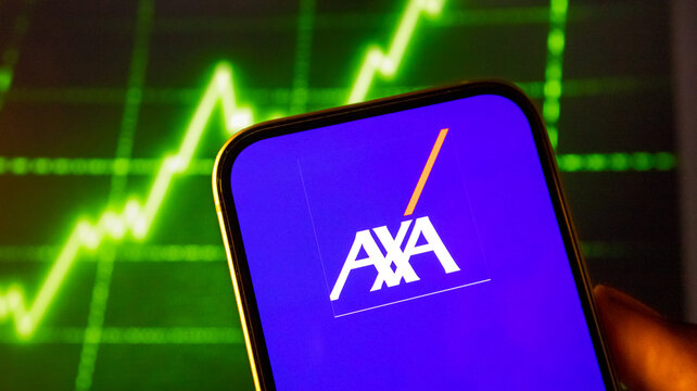 Axa logo displayed on smartphone screen against green financial market graph background insurance company app.