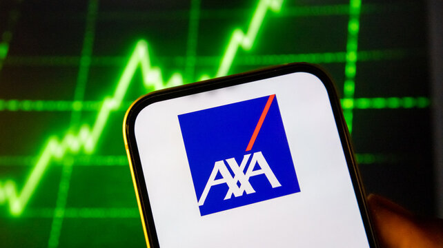 Axa group corporate logo on mobile phone display with green rising stock market background financial services.
