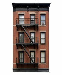 Naklejka premium Classic urban fire escape staircase on red brick building. Exterior metal emergency exit structure for city apartments and lofts.