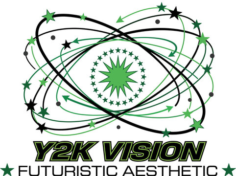 Retro Y2K Vision Futuristic Aesthetic Graphic with Green Stars and Orbital Lines