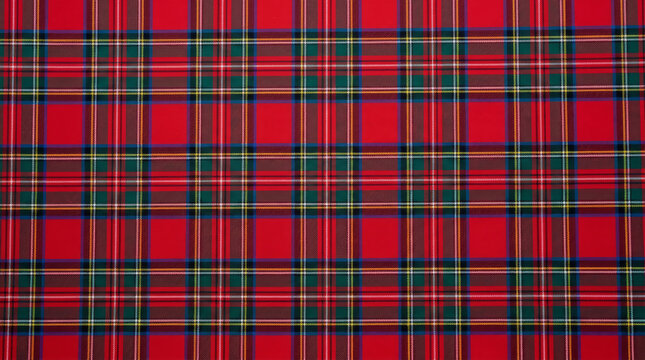 Classic red tartan plaid fabric pattern with green and yellow lines, perfect for winter textiles.