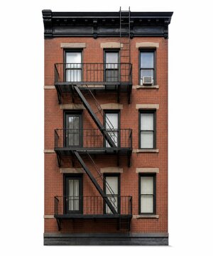 Classic urban fire escape staircase on red brick building. Exterior metal emergency exit structure for city apartments and lofts.