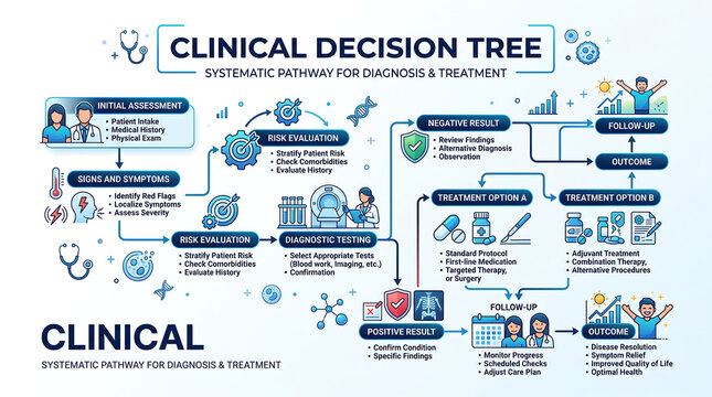Clinical Decision Tree, Systematic Pathway for Diagnosis & Treatment, Medical Flowchart, Healthcare Process Diagram, Diagnostic Workflow