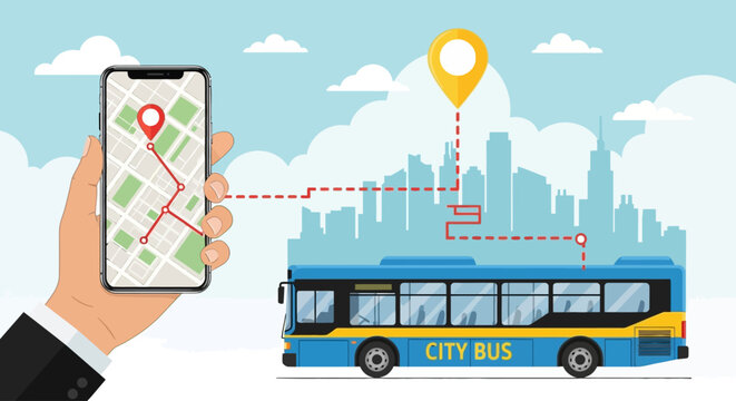 Smart city bus tracking app on smartphone, mobile navigation map with GPS pin, public transport route planning vector illustration