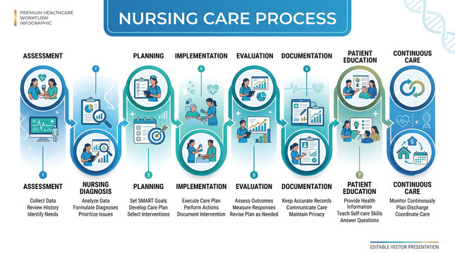 Nursing Care Process Flowchart, Medical Workflow Diagram, Healthcare Stages Illustration, Patient Journey Steps Visual