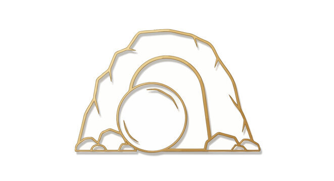 Golden line art of empty tomb with rolling stone, religious Easter resurrection vector icon, Christian burial cave symbol for holiday design