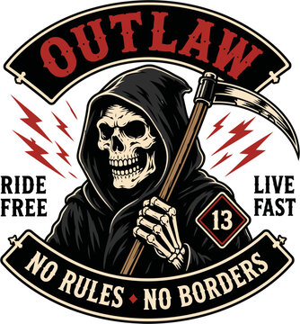 Outlaw Grim Reaper Skull Biker Motorcycle Club Vintage Vector Illustration