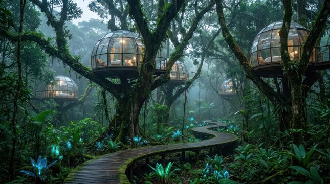 Futuristic spherical treehouse pods in misty jungle.