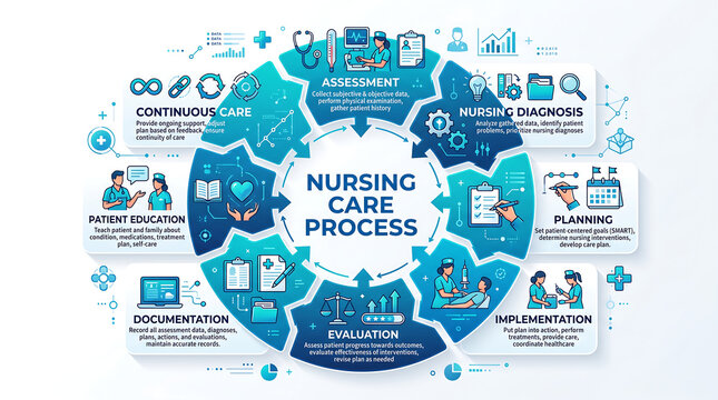 Nursing Care Process Diagram, Medical Workflow, Healthcare Stages, Patient Assessment to Evaluation, Blue Icons and Graphics