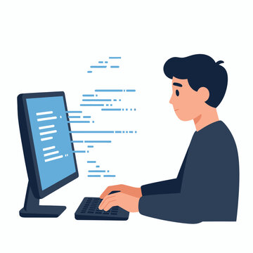 Young male software developer working on computer coding programming interface with digital data stream and lines of code floating in front of monitor in modern minimalist flat illustration