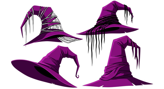 Purple witch hat vector set, spooky Halloween headwear collection with tattered fabric, 4 magical wizard hats for party invitations and decor