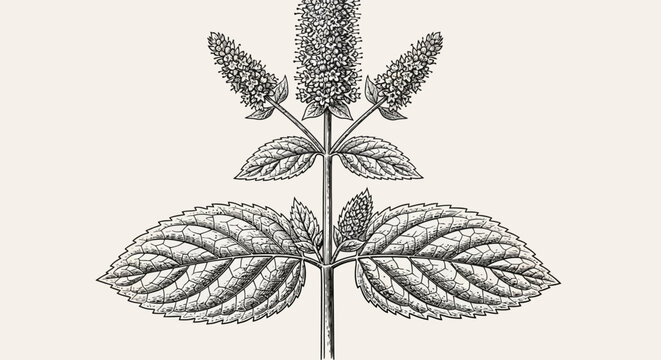 Vintage botanical mint plant illustration, antique peppermint sketch with leaves and flowers, hand drawn herbal vector for organic tea packaging