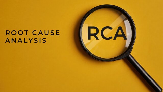Root Cause Analysis RCA with magnifying glass on yellow background