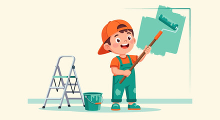 Cartoon boy painting wall with roller, little child house painter in overalls with ladder and paint bucket, home renovation and diy concept vector