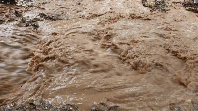 Muddy Dirty Water Flowing on the Ground After Heavy Rain