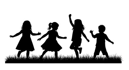 Happy children silhouettes dancing on grass, group of kids playing outdoors vector, joyful childhood friends jumping in nature meadow