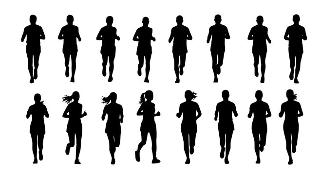 Running men and women, isolated vector silhouettes. Run, side and front view. Silhouettes of athletic looking male and female runners running. JPEG version.