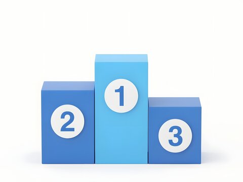 Blue winners podium with first, second and third place numbers on white background