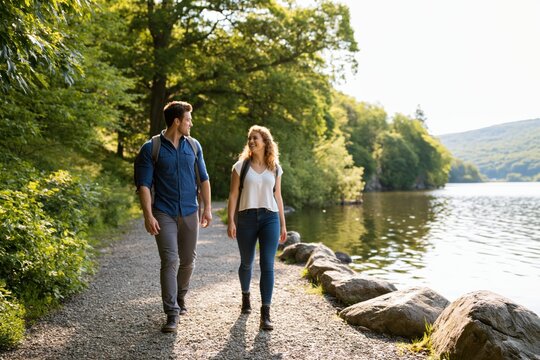 Couple hiking on a gravel trail by a serene lake in the lush green forest nature