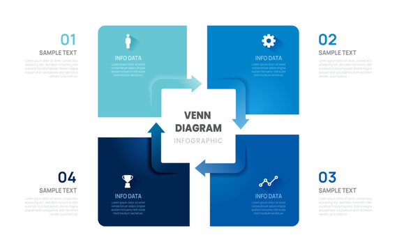 Venn diagram business infographic circle chart template 4 options, presentation with arrow Circular diagram elements vector illustration.