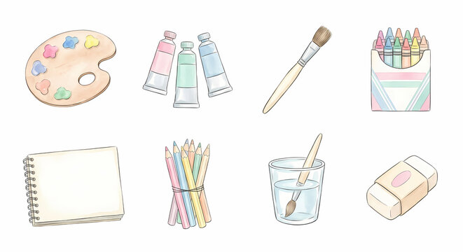 おえかきとアート画材 アイコンセット 水彩 白背景