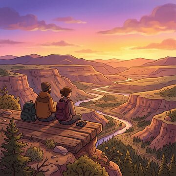 An illustrated couple sits together on a bench overlooking a vast canyon landscape at sunset, backpacks resting nearby, capturing peaceful adventure and connection.