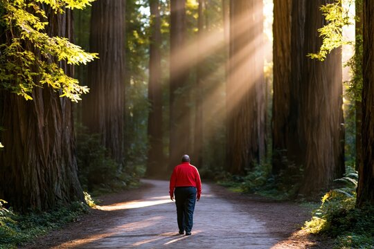 Man walking down a path in a redwood forest with beautiful sunlight through trees