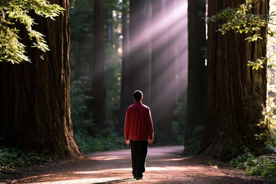 Man walking along a forest path as a person amidst redwood trees and sunlight rays