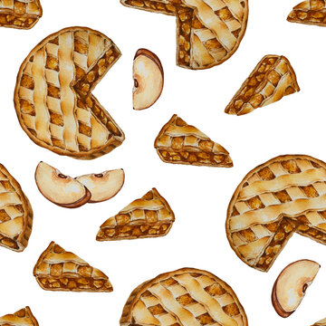 Seamless watercolor pattern with homemade apple pie, pie slices, and fresh apple wedges