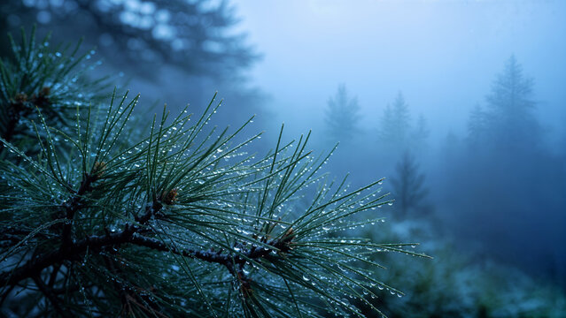 Dew drops cling to pine needles in a foggy forest during early morning. Pine trees stand tall in the background, creating a soft misty look