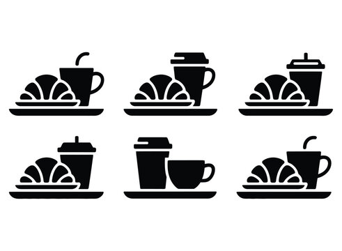 Collection of six simple black vector icons representing coffee and croissant breakfast pairings on white background