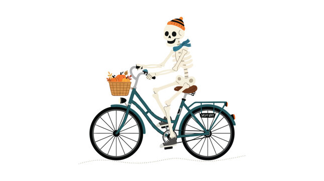 Cute skeleton riding a bicycle with pumpkins in a basket for autumn holiday design isolated on white background
