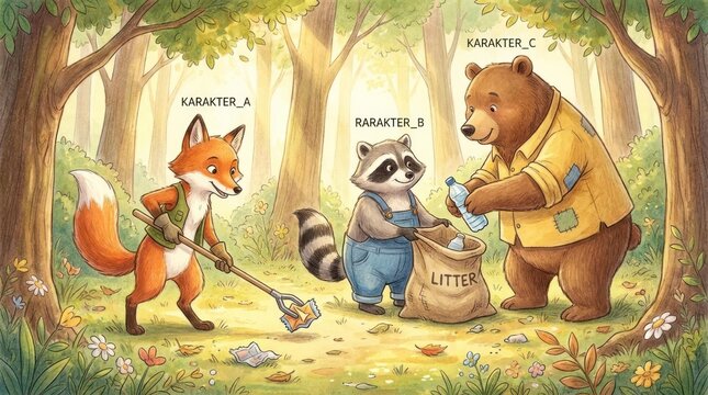 Illustrated animals cleaning litter in a sunny forest.