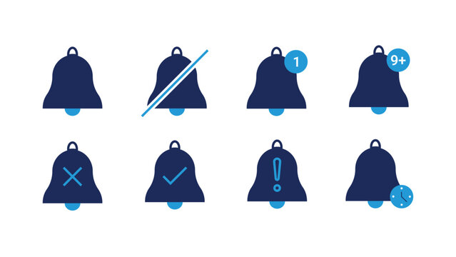 Set of dark blue notification bell icons with various status symbols for user interface notification interface