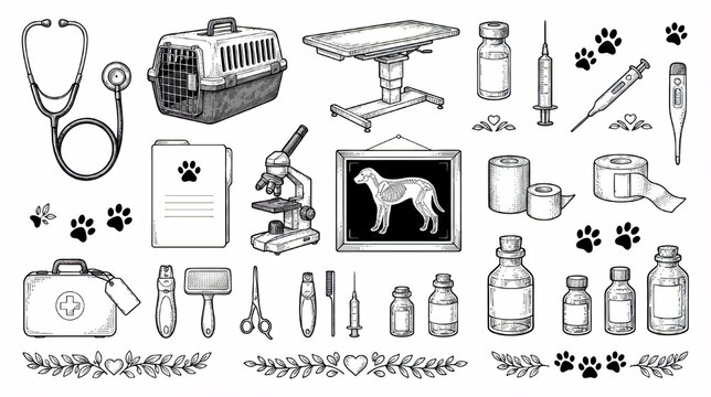 Hand draw veterinary medicine and pet care elements set, stethoscope, microscope, medical tools, and vector illustration