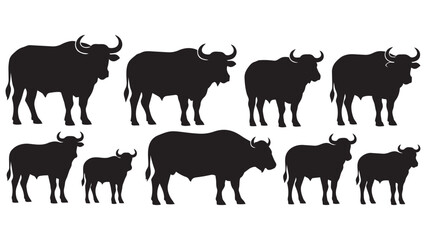 Fototapeta premium Black Silhouette Yaks and Buffalo Herd Illustration - Minimalist Animal Line Art for Design, Logo, Poster, and Branding Use