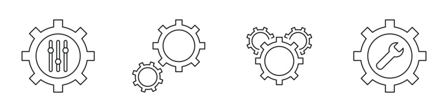 Collection of gear icons with sliders and wrenches for technical system configuration settings adjustment